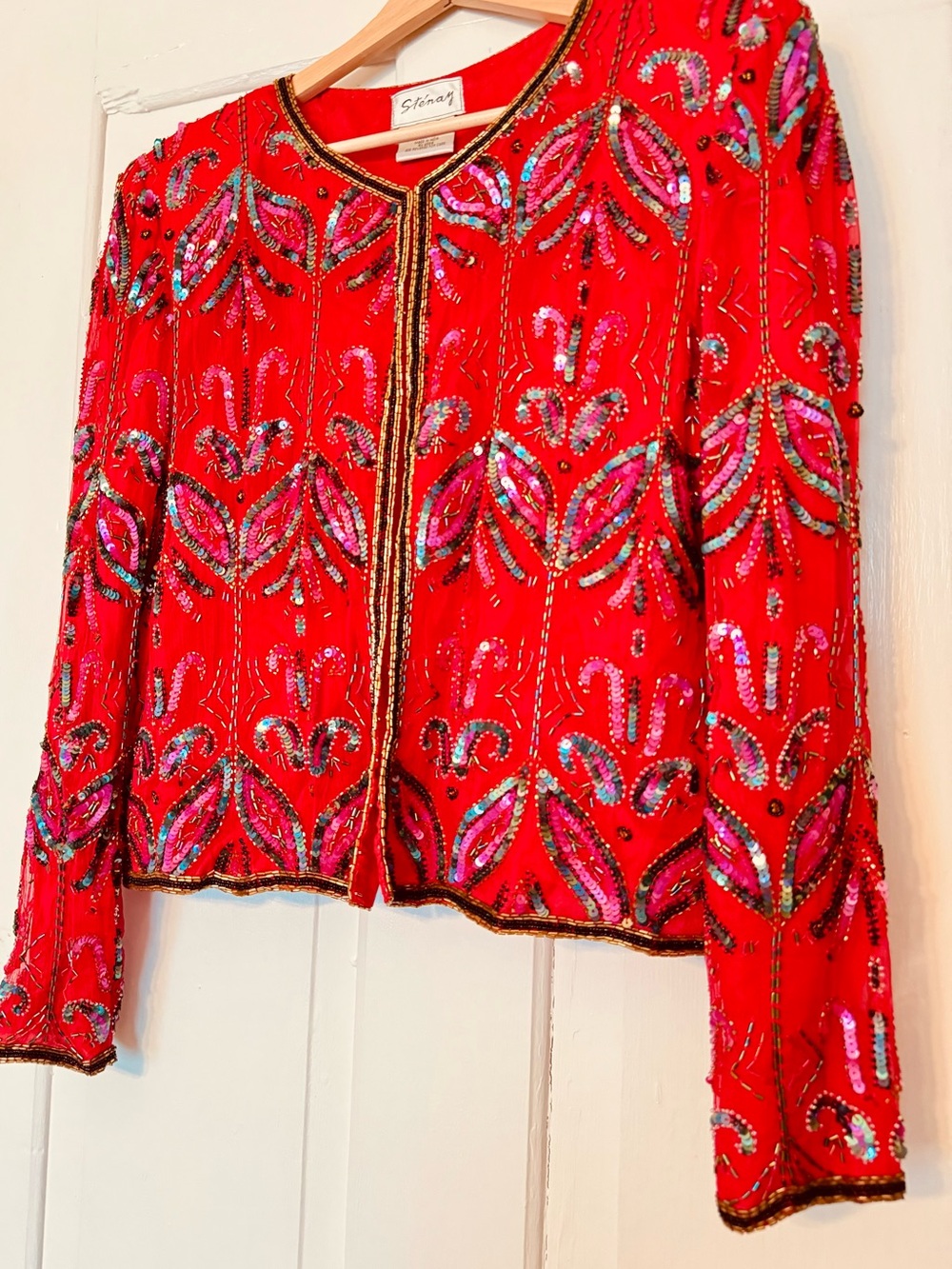 Vintage 90’s Stenay Red Beaded Sequined Silk Jacket